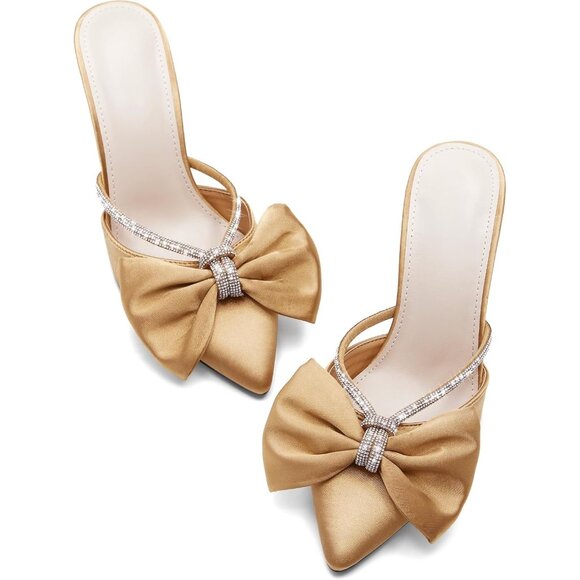 Brown Satin Bow Heels Pointed Closed Toe Sandals Rhinestone Wedding Shoes - Picture 1 of 6